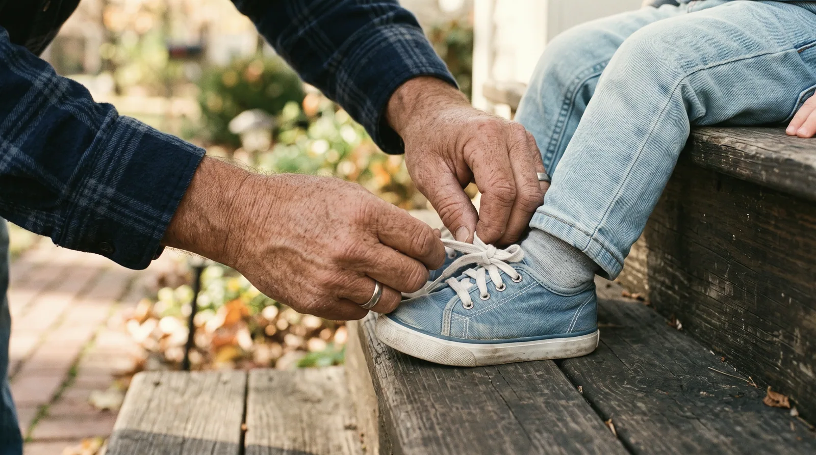 Mãos de uma pessoa adulta amarrando o tênis de uma criança sentada em um banco de madeira